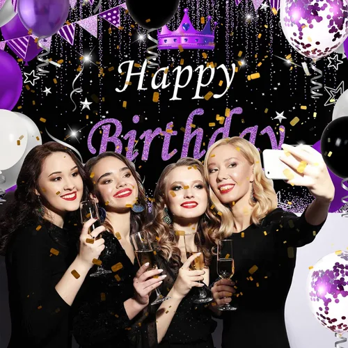 Vista 3 de Decoraciones de fiesta moradas y negras para mujeres, decoraciones de cumpleaños moradas para niñas y hombres con mantel de fondo de feliz