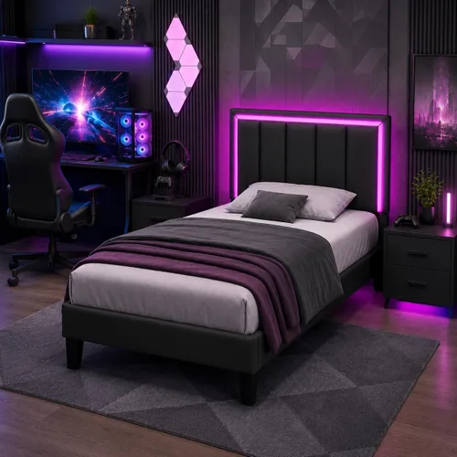 Vista 9 de IMMERSTABLE - Bases de cama tamaño individual, tapizadas con cabecero, luces LED RGB, soporte resistente con listones de madera, sin ruido, no Negro