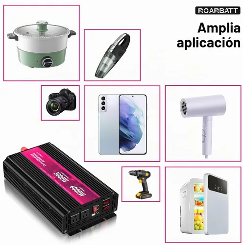 Vista 6 de Inversor de corriente de 3000 W, de 12 V de CC a 110 V/120 V de CA, potencia máxima de pico de 6000 W, con 2 tomas de CA y 2 puertos USB 2.4 Rosa