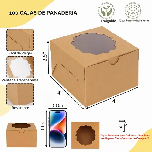 Vista 2 de 100 cajas pequeñas para galletas con ventana, cajas pequeñas de panadería de 4 x 4 x 2.5 pulgadas Mini cajas de postre marrones con ventana