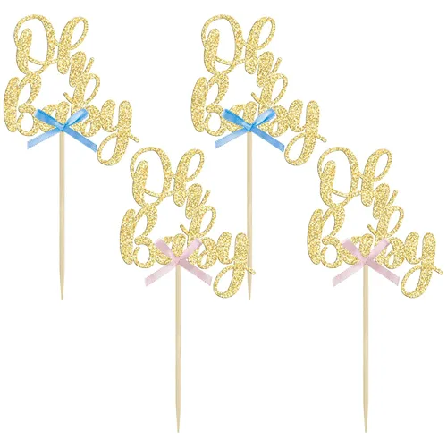 Vista 3 de Gyufise 36 piezas Adornos para cupcakes Oh Baby con moño azul y rosa, brillante dorado, adornos para cupcakes de baby shower, adornos para cupcakes