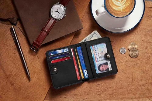 Vista 6 de Gostwo - Cartera compacta de piel genuina de lujo para mujer con bloqueo de RFID y ventana de identificación