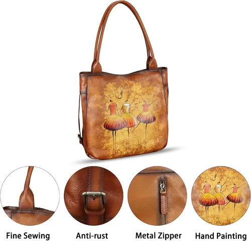 Vista 3 de Bolso de hombro de cuero genuino para mujer, bolso de cuero pintado a mano, bolso de mano para trabajo, bolso casual