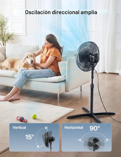 Vista 3 de PELONIS Ventilador de pedestal de 16 pulgadas para dormitorio, ventilador oscilante, 3 velocidades, oscilación de 90°, altura ajustable, ventilador