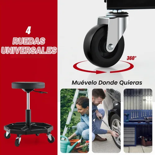 Vista 7 de Goplus Taburete mecánico con ruedas, bandeja magnética para herramientas Negro