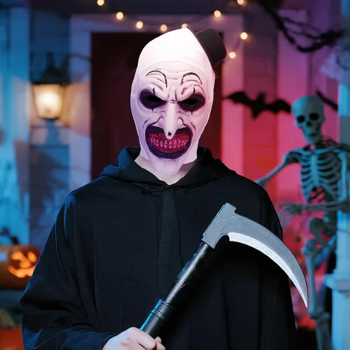 Vista 7 de Halloween Art - Máscara de payaso, disfraz de asesino de terror, máscara de silicona blanca de cara completa