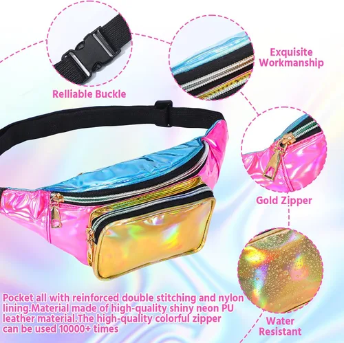 Vista 3 de Abbylike Cangurera holográfica retro de los años 80 y 90, 3 bolsillos, para cinturón, para mujeres, hombres, correr, viajar, vacaciones, festival