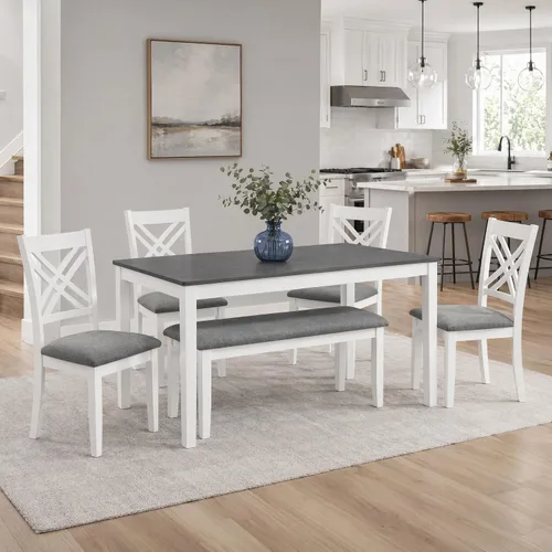 Vista 26 de Juego de mesa de comedor Trygoal para 5, juego moderno de 6 piezas para comedor con mesa rectangular, 4 sillas tapizadas con respaldo y un banco