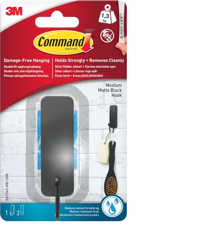 Vista 3 de Command Large Double Bathroom Hook, Matte Black, 1 Water-Resistant Strip