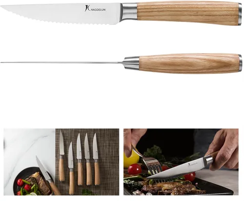 Vista 5 de kangdelun - Juego de cuchillos para carne ultra afilados de 8 piezas, cuchillas dentadas de 4.5 pulgadas, acero inoxidable de alto carbono