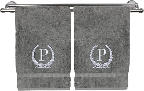 Vista 145 de Toalla de mano con monograma, regalo personalizado, 16 x 30 pulgadas, letra blanca bordada con diseño de corona en toalla negra, extra absorbente
