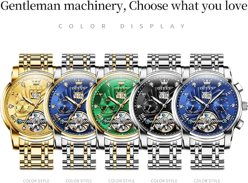 Vista 8 de OLEVS Relojes para hombre Reloj automático esqueleto plateado acero inoxidable mecánico Tourbillon automático diamante esfera negra impermeable lujo
