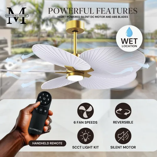 Vista 6 de Matthews Alessandra Tropical - Ventilador de techo de 48 pulgadas con kit de luz LED y control remoto, latón cepillado con acabado blanco mate Latón