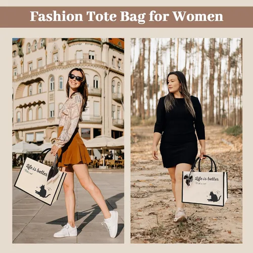 Vista 6 de Cute Tote Bags, 16Oz, 3 Pockets, Cat Large Canvas Tote Bags for Women, Anti-Scratch Lining Large Tote Bag with Zipper