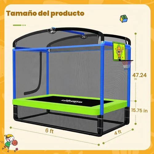 Vista 6 de Zupapa Cama elástica 5 en 1 rectangular para niños de 6 pies con silla hamaca, aro de baloncesto y red de seguridad - Cama elástica cuadrada