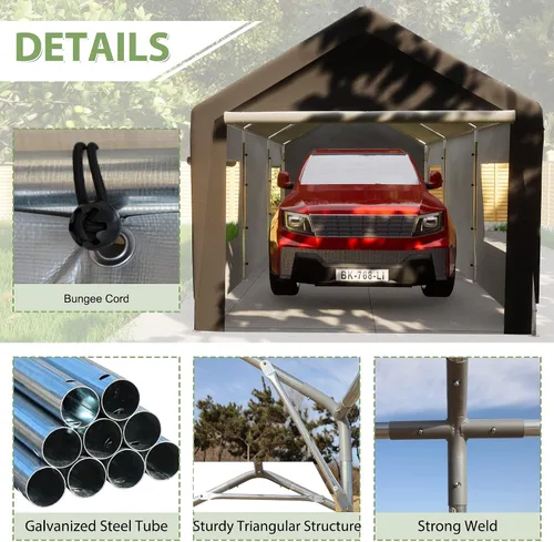 Vista 3 de Thanaddo Cochera de Servicio Pesado de 10 x 20 pies, Toldo para Garaje de Automóvil, con Ventanas Ventiladas Enrollables, Refugio para Automóvil
