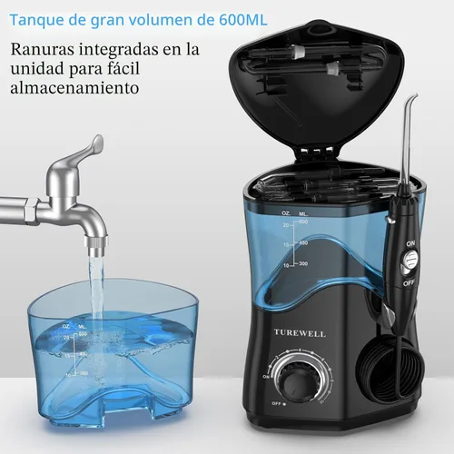 Vista 2 de TUREWELL - Hilo dental de agua para dientes/frenos, limpiador de dientes de agua con 8 puntas de chorro y 10 niveles de presión, irrigador bucal