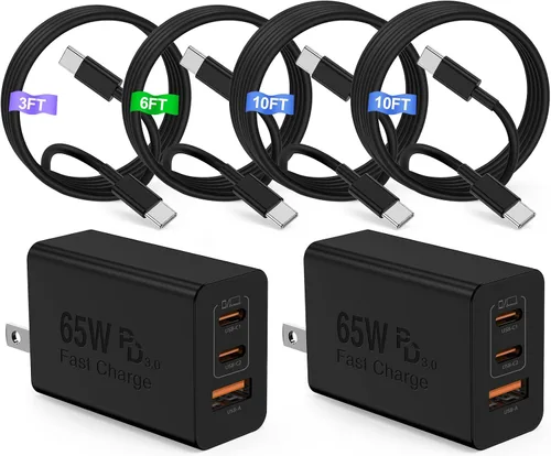 Vista 10 de Cargador súper rápido de 45 W de doble puerto con cable largo USB C a C de 10 pies, bloque de cargador de pared tipo C y cable de carga de teléfono