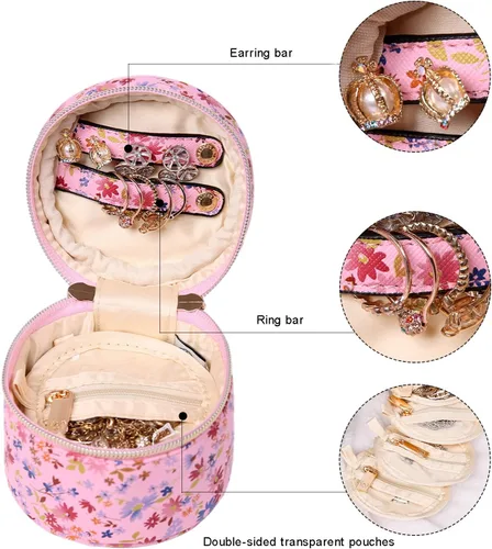 Vista 4 de Angelina's Palace Organizador redondo de joyas, bolsa de viaje, regalos de dama de honor, caja de cuero vegano para collar, aretes, pulsera, anillo