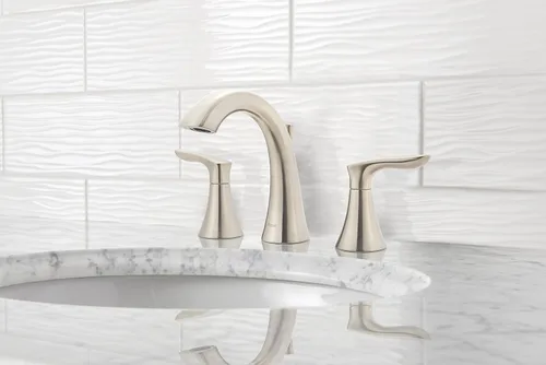 Vista 3 de Pfister Weller LG49WR0K - Grifo para lavabo de baño, 8 pulgadas de ancho, 2 asas, 3 agujeros, acabado de níquel cepillado, LG49WR0K