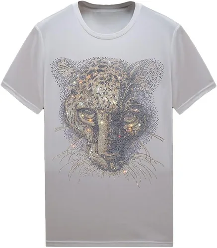 Vista 14 de HZCX FASHION Camiseta con strass brillante para Hombres y Mujeres, manga corta, con pedrería, para festivales de rock, con gemas, de algodón