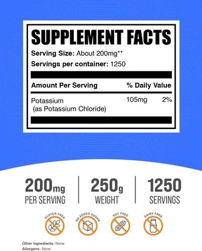 Vista 2 de Suplemento de cloruro de potasio puro en polvo Bulksupplements, 1