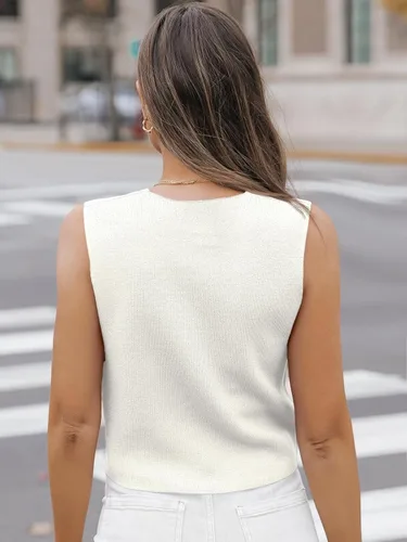 Vista 5 de LILLUSORY Camisetas casuales de negocios para mujer, estilo 2024, suéter sin mangas, cuello en V, con botones, recortada