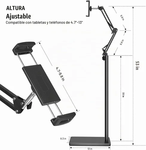 Vista 7 de Lucky Trip Soporte de suelo para tablet con base estable de doble resistencia que nunca se vuelca, altura ajustable, giratoria, soporte