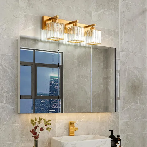 Vista 2 de ZHLWIN Moderna lámpara de tocador de baño de cristal dorado, 3 luces, moderna lámpara de pared de baño dorada 002 dorado 3 luces