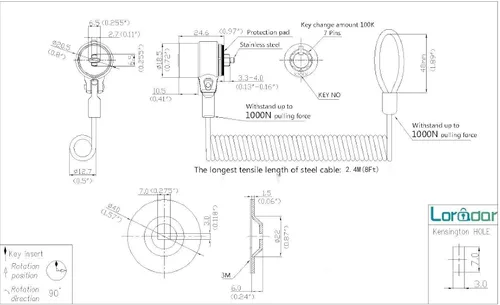 Vista 2 de Cerradura retráctil de seguridad de 8 pies con 3 teclas para laptop, portátil, para monitores, laptops, MacBooks, tabletas, iPad, Mac mini