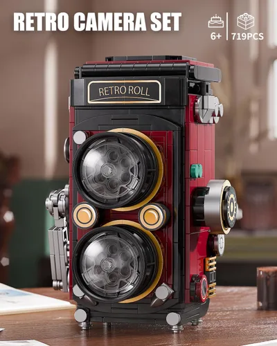Vista 2 de TYCOLE Juegos de bloques de construcción de cámara retro con luces, juguetes de construcción de cámara DIY con diseño reflejo de doble lente