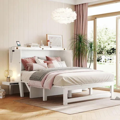 Vista 16 de Baúl móvil Murphy de tamaño Queen con módulo USB integrado de doble alimentación/USB, armario moderno y tradicional de madera maciza con cajón Gris-A