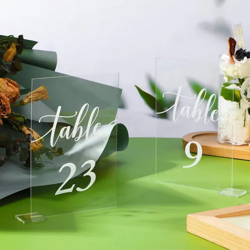 Vista 8 de 30 piezas de acrílico números de mesa 1-30 para recepción de boda, números de mesa transparentes 1-30 con soporte rectangular hexagonal para boda