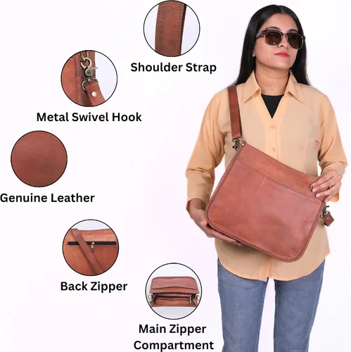 Vista 3 de Bolso cruzado de cuero genuino para mujer, bolso de cuero rústico marrón y marrón, tamaño mediano con bolsillo con cremallera, bonito bolso de uso