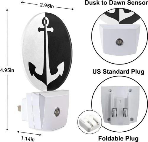 Vista 3 de Luz nocturna de ancla de mar océano ancla náutica negro blanco LED de anochecer a amanecer, sensor automático para dormitorio, baño, pasillo, sala
