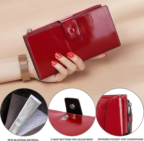 Vista 6 de Itslife Cartera de cuero con bloqueo RFID de gran capacidad para mujer Rojo escarlata Classic