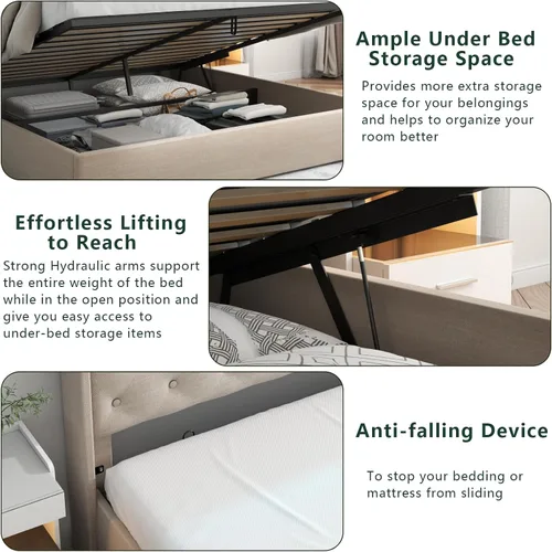 Vista 6 de Loomie Marco de Cama Queen Elevable con Estación de Carga y Luces LED, Cama Tapizada con Cabecera de Almacenamiento Capitoné con Respaldo Alto