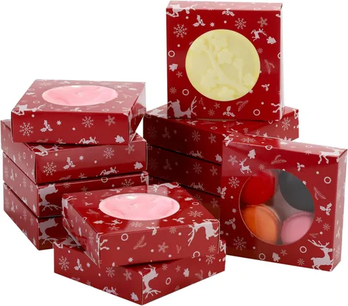 Vista 8 de 60 cajas de galletas de Navidad de 4.3 x 4.3 x 1.2 pulgadas, cajas de panadería de Navidad con ventana redonda transparente para panadería