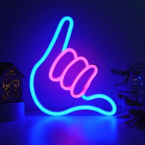Vista 2 de ENUOLI Shaka Hand - Letreros de neón LED para decoración de pared, lámparas nocturnas alimentadas por USB y baterías, letreros iluminados para Rosa