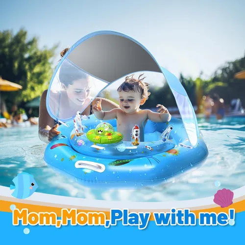 Vista 4 de Flotador de piscina para bebé con toldo y consola de juguetes, asiento seguro ajustable, parasol UPF50+ extraíble, flotador de piscina infantil