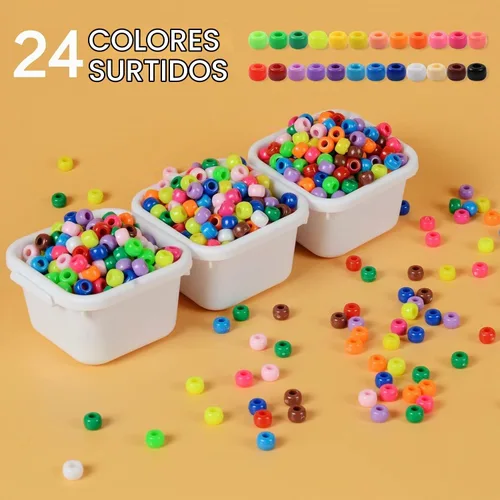 Vista 3 de 3600 cuentas de poni a granel, 24 colores surtidos, cuentas de plástico arcoíris para trenzar el cabello, pulseras de amistad, manualidades