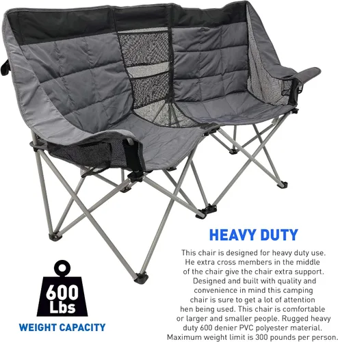 Vista 8 de EasyGo Product Silla de camping – Asiento doble resistente de gran tamaño – Se pliega fácilmente y está acolchado, negro y gris