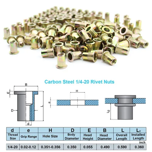 Vista 2 de 100 tuercas remachadoras de 1/4 "-20 UNC, acero al carbono, cabeza plana moleteada, cuerpo moleteado, tuercas de inserción roscadas (1/4-20 remaches)