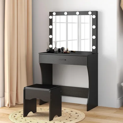 Vista 3 de Panana Escritorio de tocador con espejo y luces, negro, tamaño mediano, soporte de mesa, mesa de tocador de maquillaje con taburete, dormitorio
