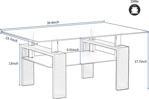 Vista 3 de Mesa de centro de vidrio rectangular Meihua de 2 niveles, mesa de té moderna, mesa auxiliar de café para sala de estar (todo negro)