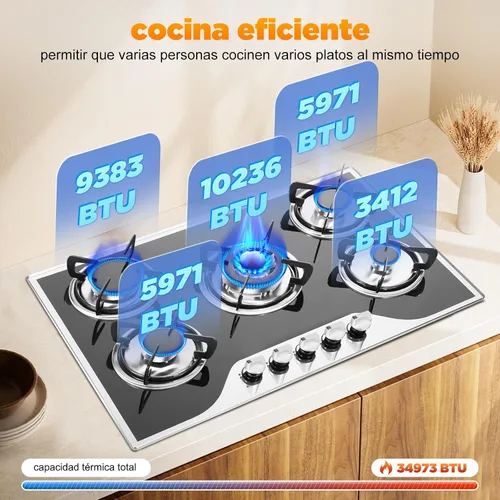 Vista 6 de Estufa de gas de 5 quemadores, encimera de acero inoxidable integrada de 30 pulgadas, encimera de acero inoxidable integrada con protección