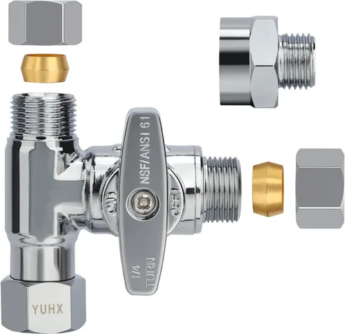 Vista 12 de Válvula Add-A-Tee de parada angular de latón, válvula de T de compresión de 3/8 x 3/8 x 1/4, Adaptador de agua de alimentación para refrigeradores