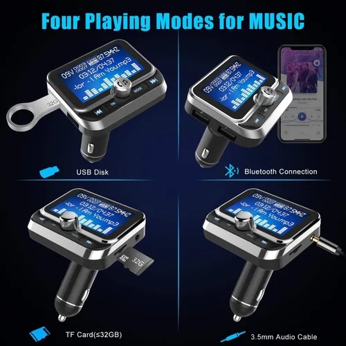 Vista 7 de Transmisor FM Bluetooth para coche, adaptador de radio inalámbrico Bluetooth 5.0, kit de coche con llamadas manos libres, 2 puertos USB, detección