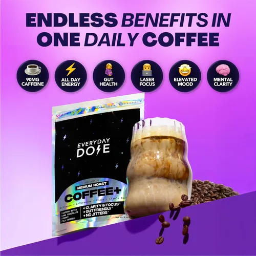 Vista 4 de Everyday Dose Bold - Café de hongos de tostado medio, 90 mg de cafeína por porción con colágeno de ganado alimentado con pasto, chaga, Melena