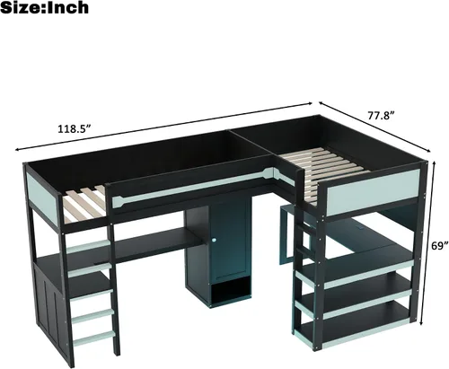 Vista 2 de Twin Size L-Shaped Gaming Loft Bed with Dual Built-in Desks，Black+Blue-P